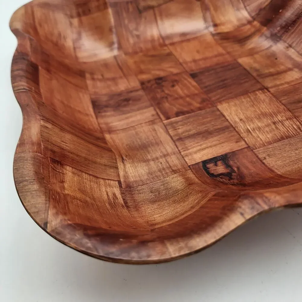 Vintage Woven Wooden Bowl Parquet Patchwork Checkerboard Pattern Scalloped 11